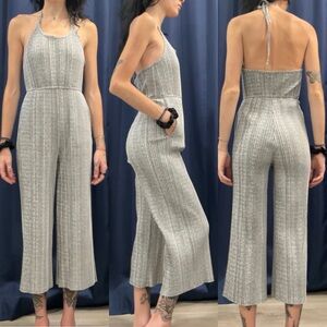 Urban Outfitters Holly Ribbed Knit Tie Halter Gray Wide Cropped Leg Jumpsuit